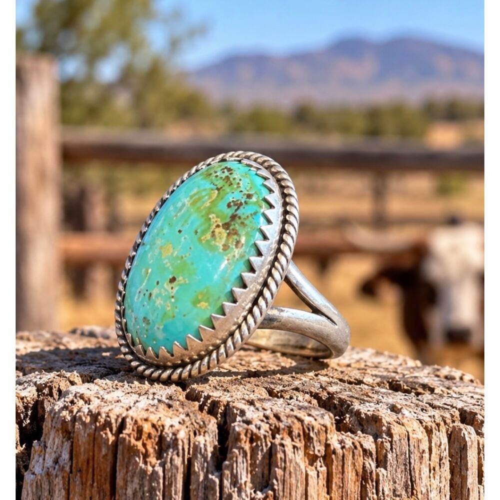Royston Turquoise Oblong Ring – Adjustable Sterling Silver - Western Jewelry
